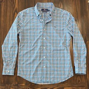 Vineyard Vines Men's Sport Shirt Slim Fit Large Blue White Orange Plaid Shirt